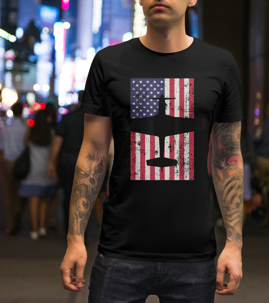 Patriotic 51 Mustang Airplane Silhouette Over Distressed American Flag T-Shirt
