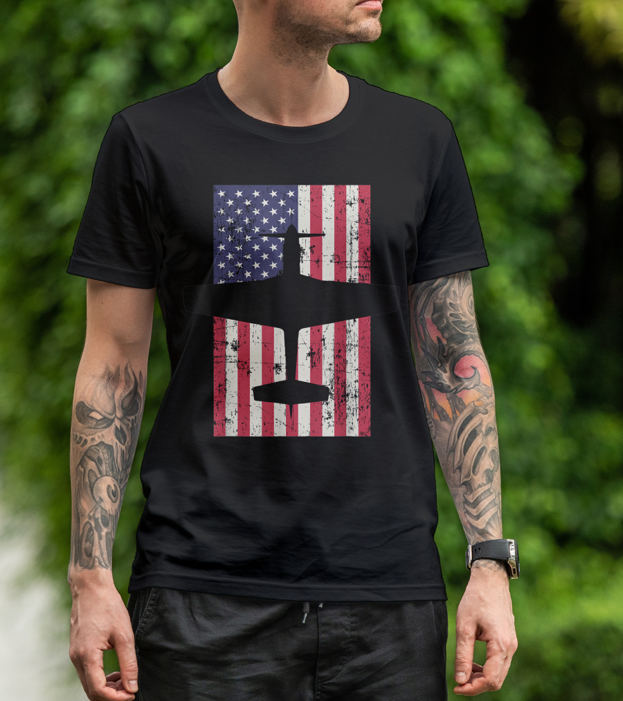 Patriotic 51 Mustang Airplane Silhouette Over Distressed American Flag T-Shirt