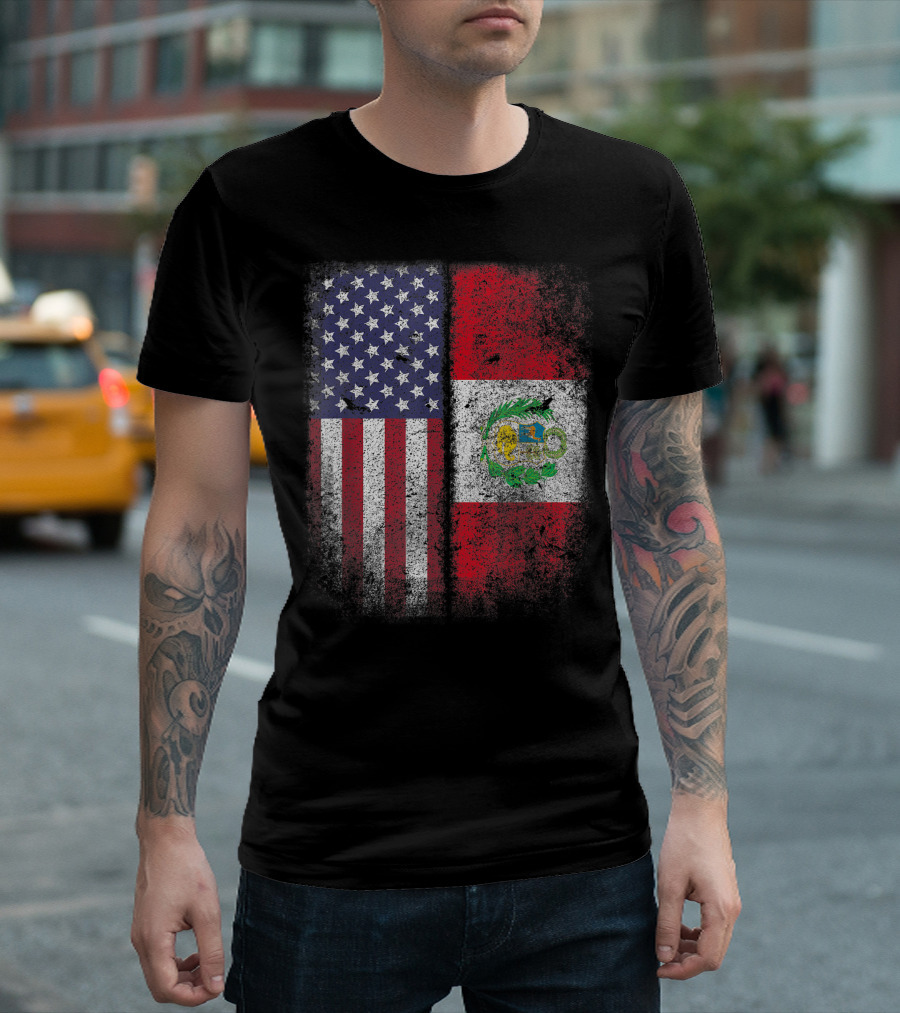 Peruvian Born American Raised Peru USA Flag America Roots Dual Heritage Pride T-Shirt