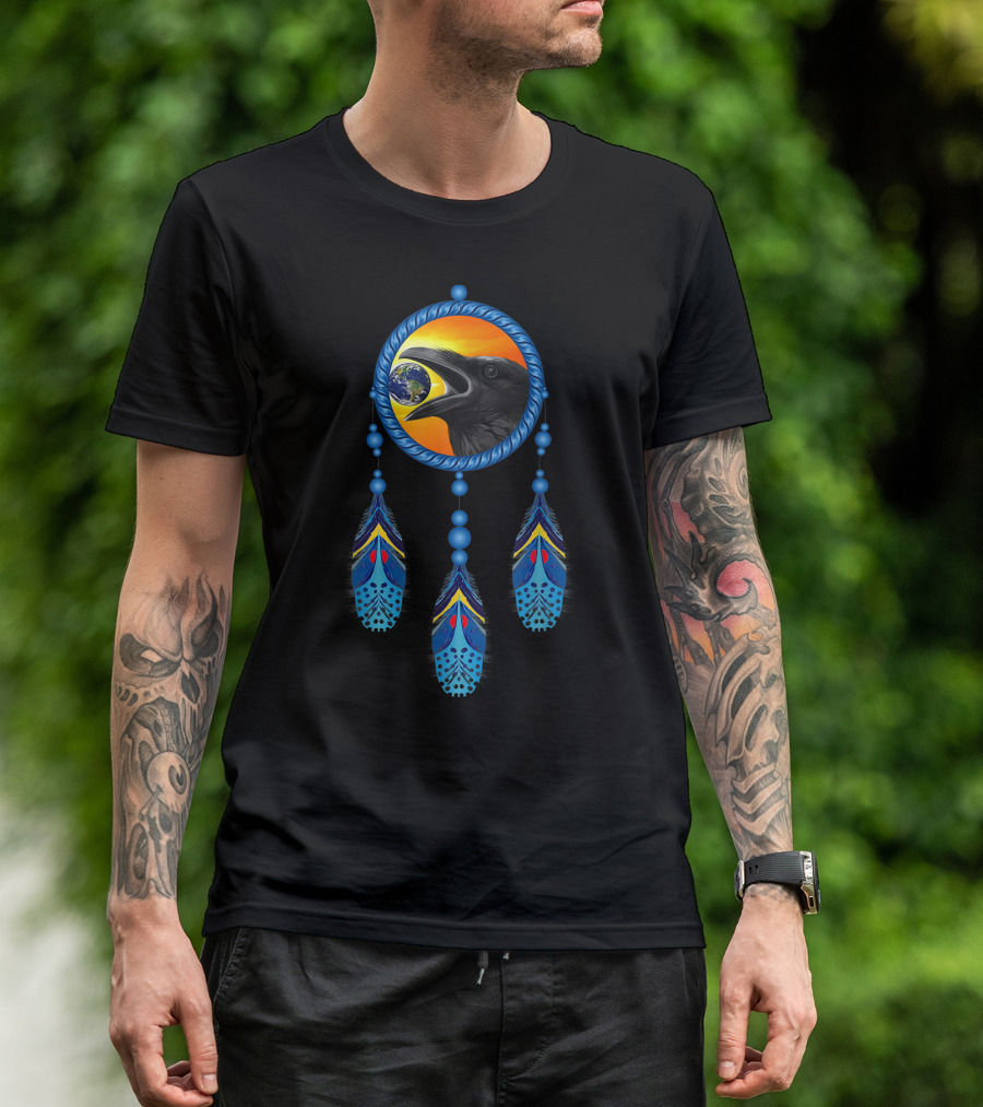 Native American Dream Catcher Raven Feathers Earth Tribal T-Shirt