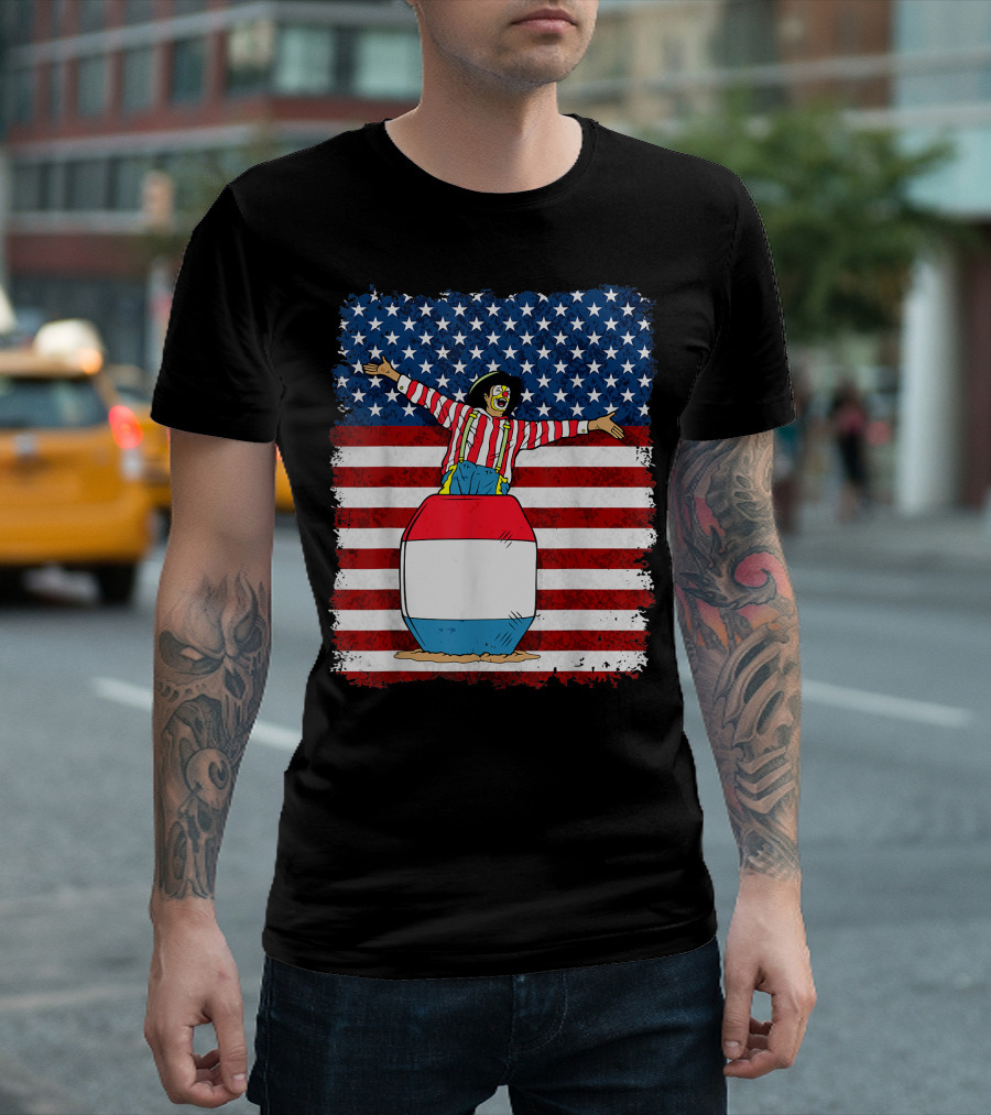 Rodeo Clown In Barrel American Flag Patriotic T-Shirt