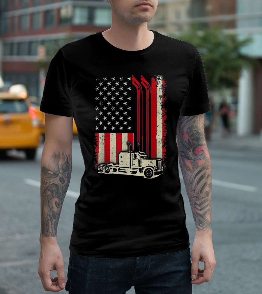 American Flag Big Rig Truck Patriotic T-Shirt