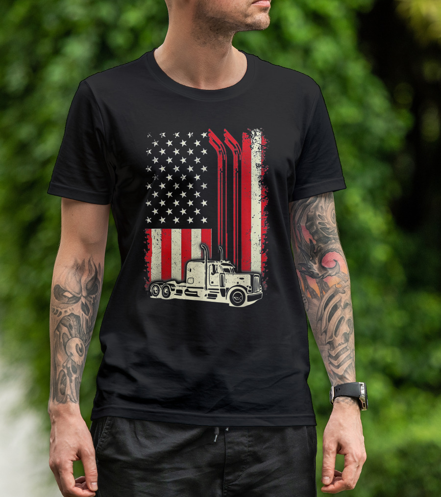 American Flag Big Rig Truck Patriotic T-Shirt