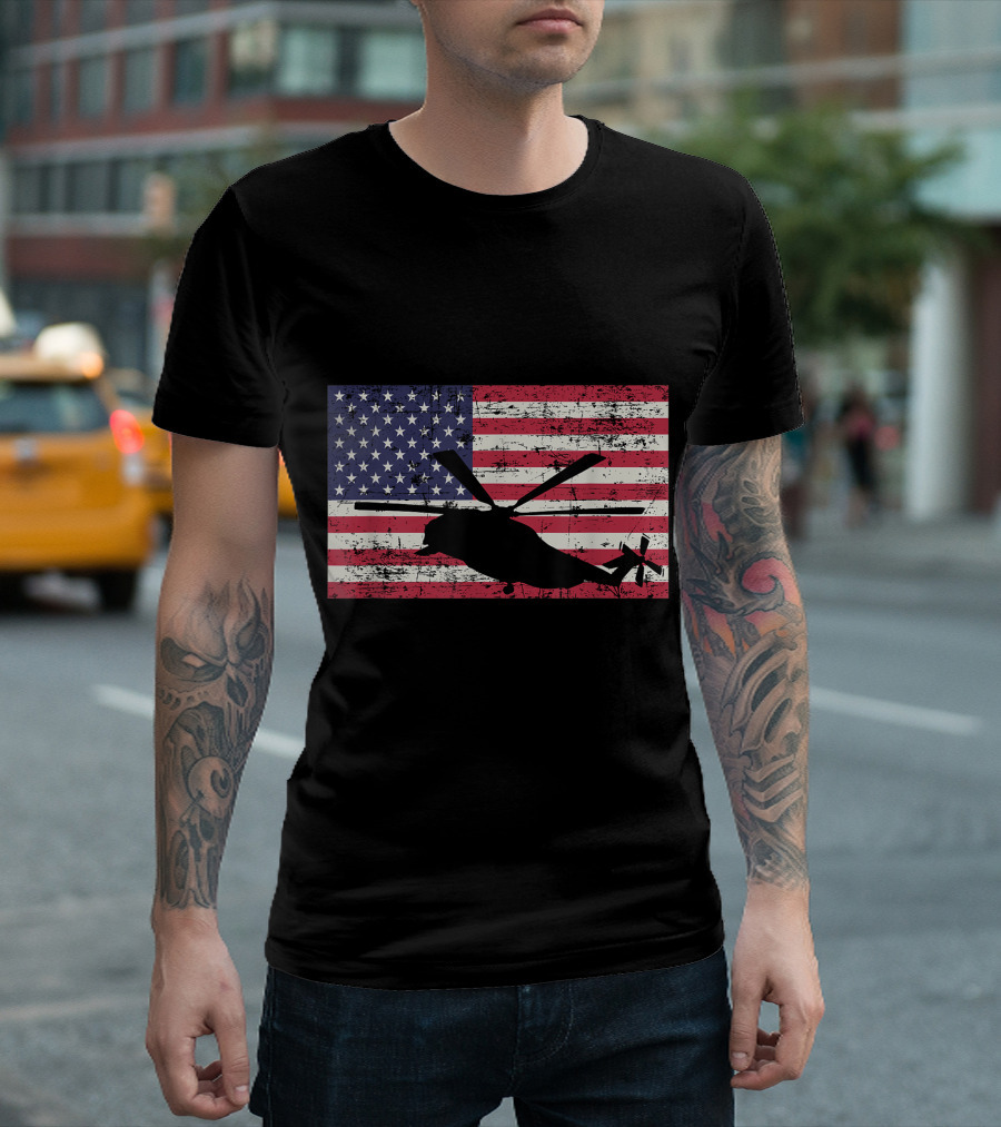 Ch 53 Mh 53 Helicopter Silhouette On Distressed American Flag T-Shirt