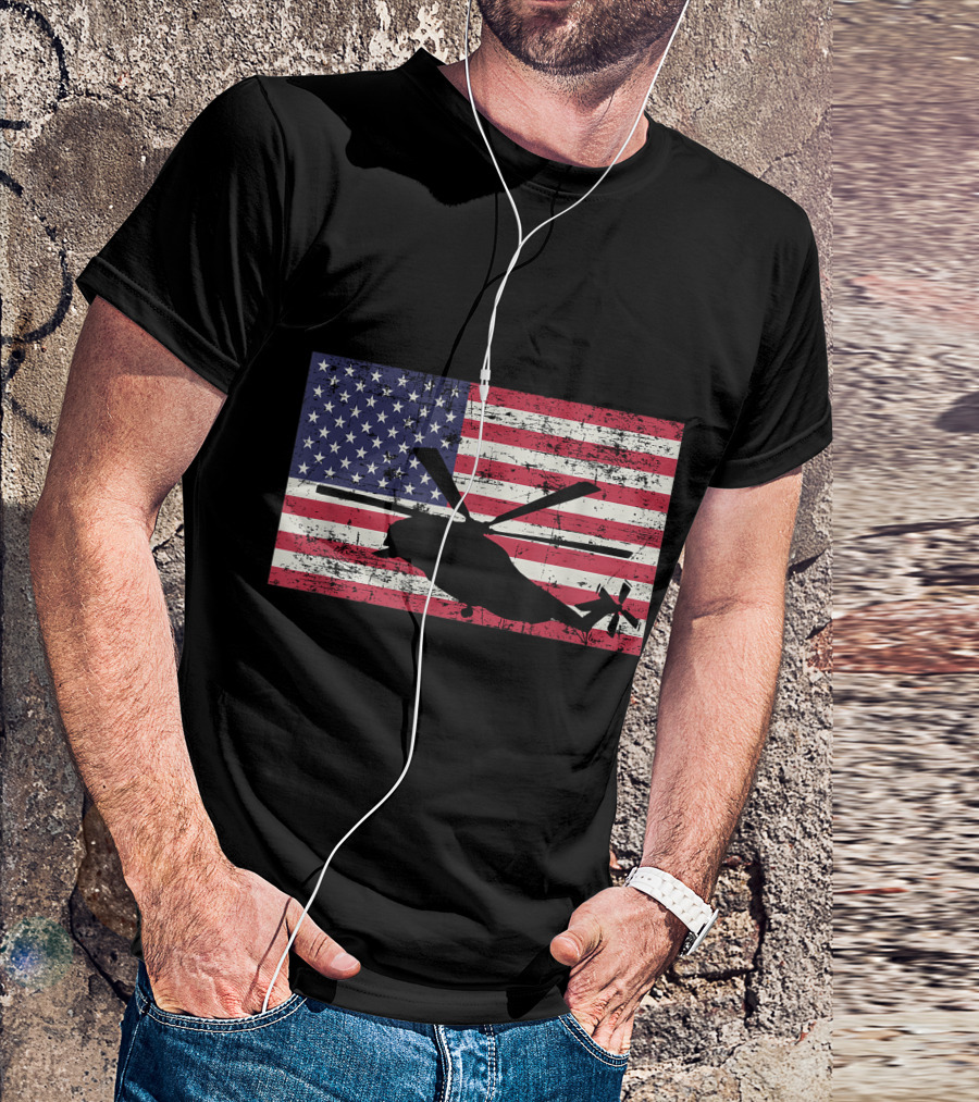 Ch 53 Mh 53 Helicopter Silhouette On Distressed American Flag T-Shirt