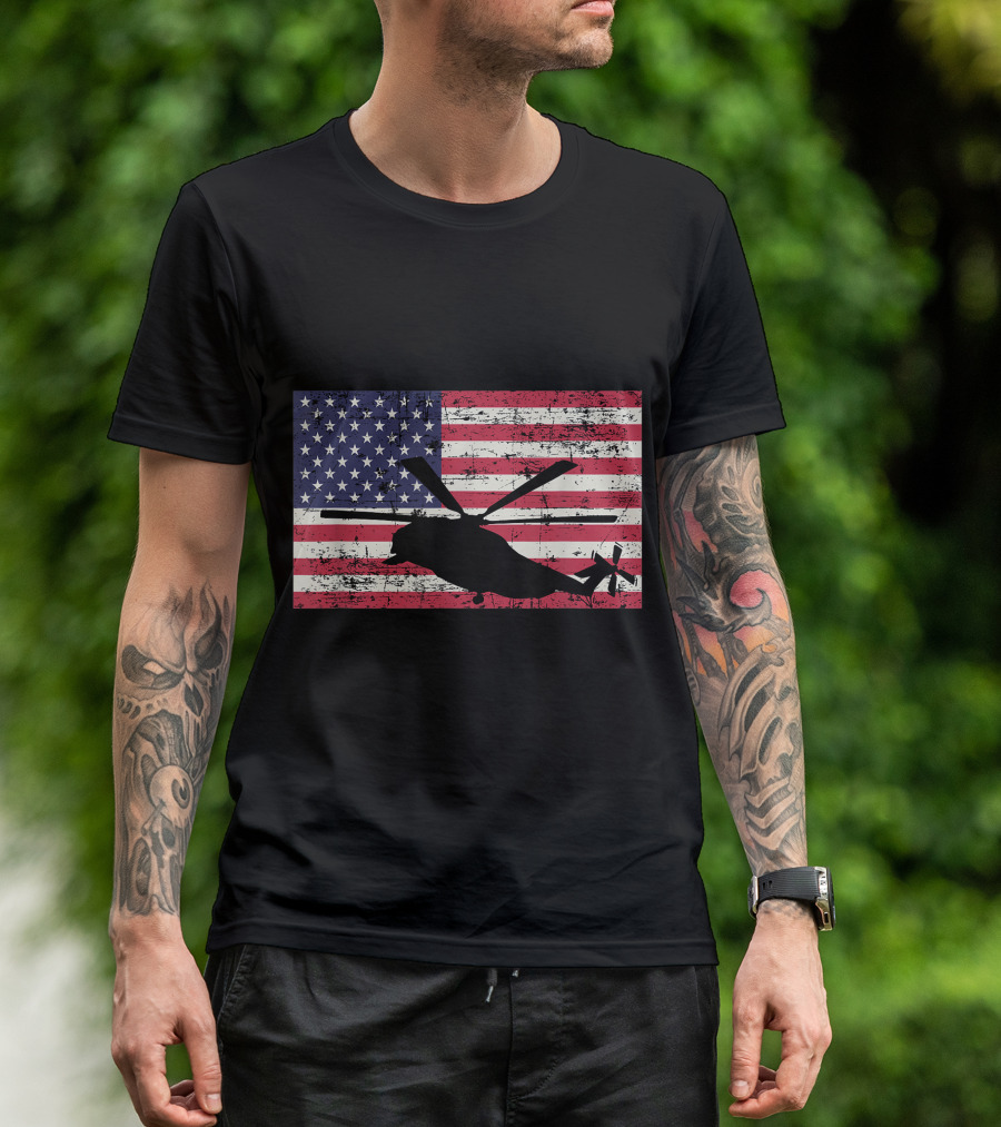 Ch 53 Mh 53 Helicopter Silhouette On Distressed American Flag T-Shirt
