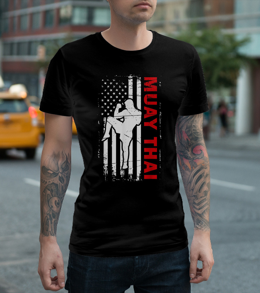 Muay Thai Fighter Silhouette With American Flag For Enthusiasts T-Shirt