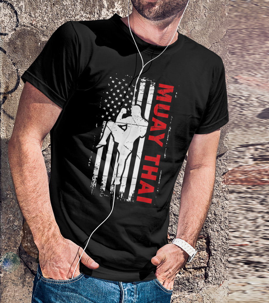 Muay Thai Fighter Silhouette With American Flag For Enthusiasts T-Shirt