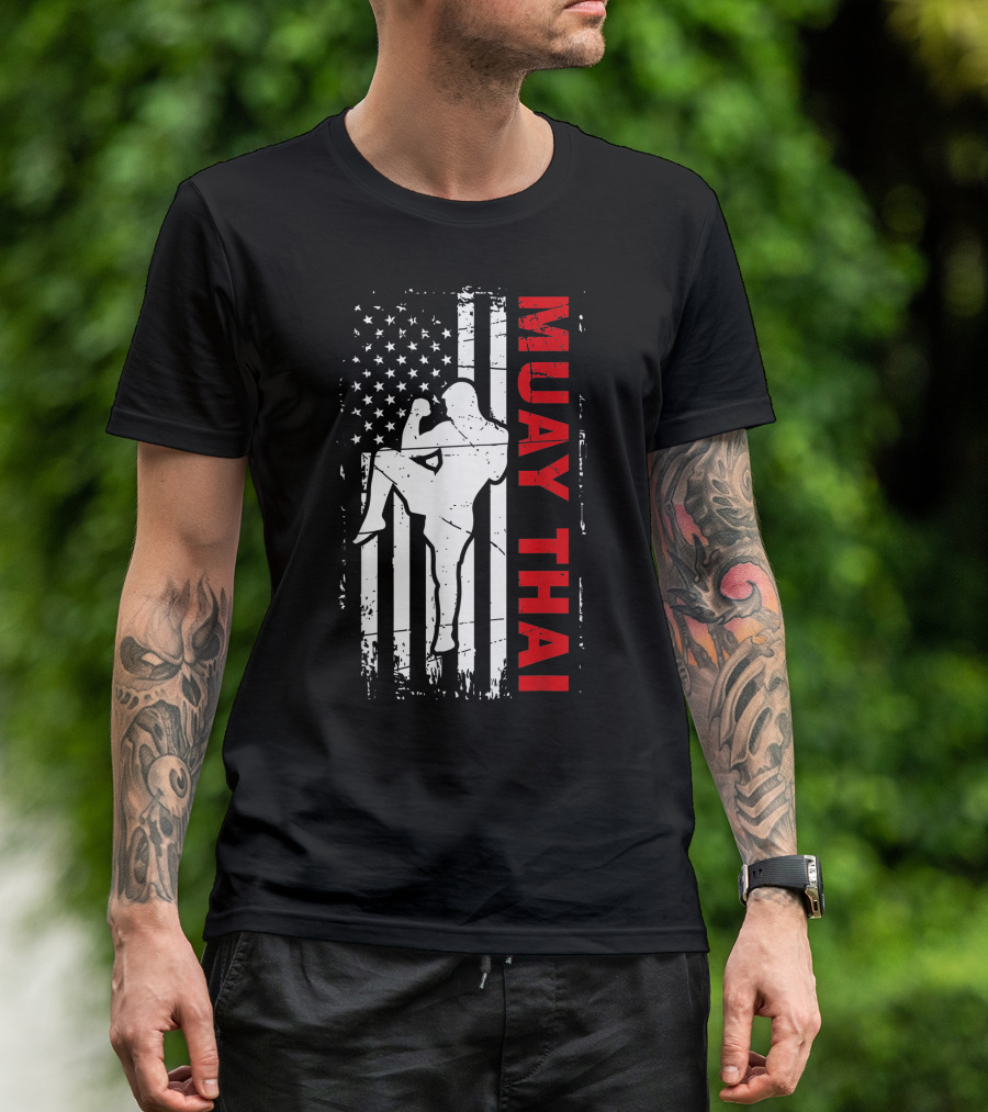 Muay Thai Fighter Silhouette With American Flag For Enthusiasts T-Shirt