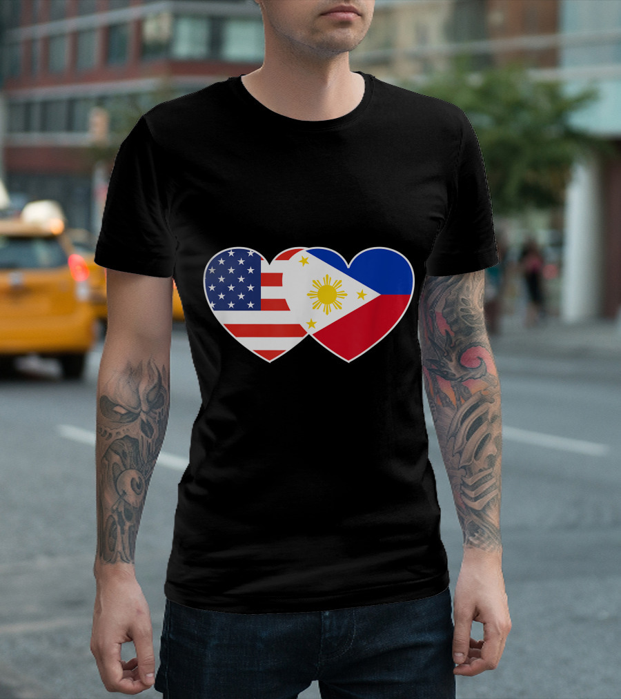 Twin Heart Flags Of Philippines And USA For Filipino American Unity T-Shirt