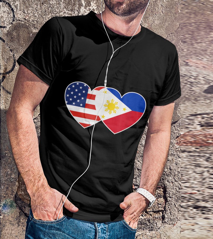 Twin Heart Flags Of Philippines And USA For Filipino American Unity T-Shirt