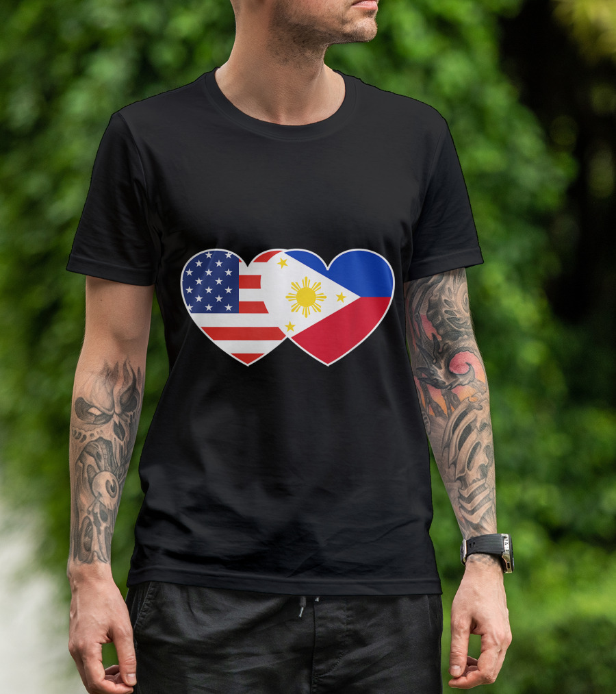 Twin Heart Flags Of Philippines And USA For Filipino American Unity T-Shirt