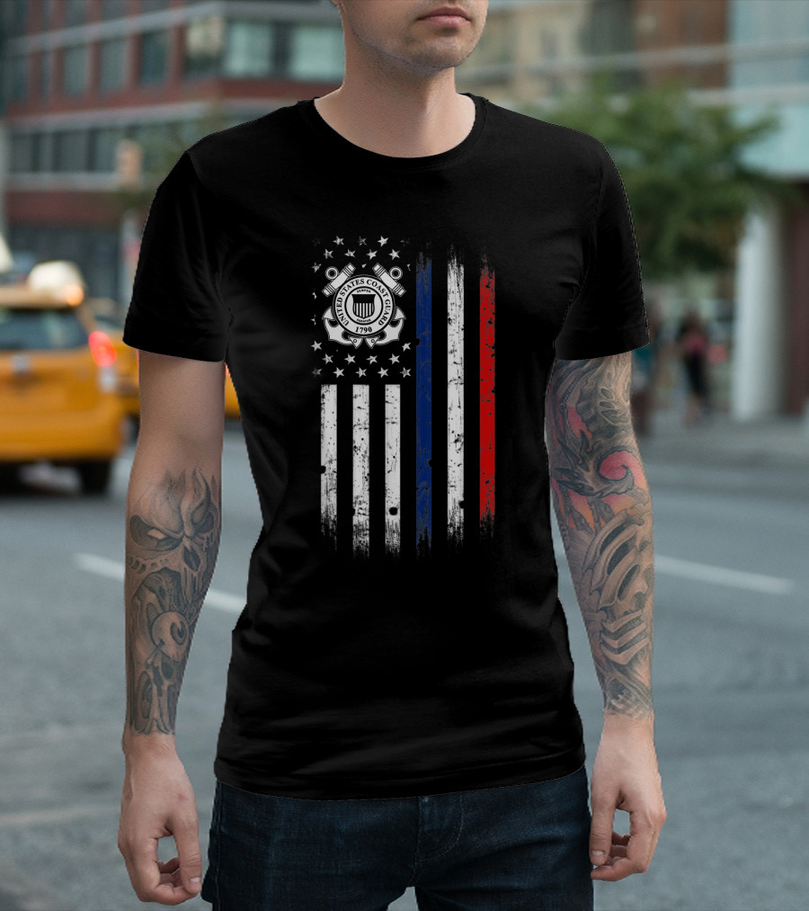 United States Coast Guard Seal with American Flag Stripes T-Shirt