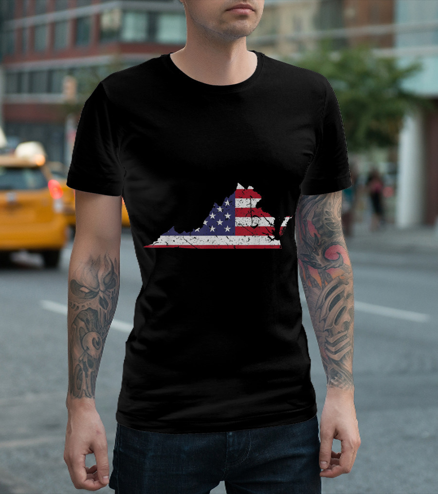 Virginia State Map With American Flag 4th Of July Pride T-Shirt