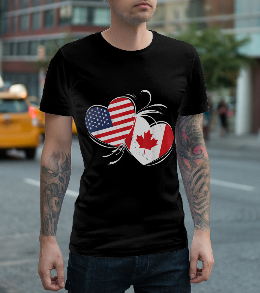 Canada USA Flag Double Heart Canadian American Unity T-Shirt