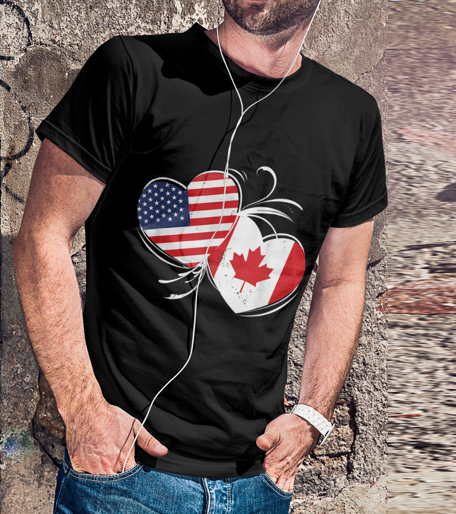 Canada USA Flag Double Heart Canadian American Unity T-Shirt