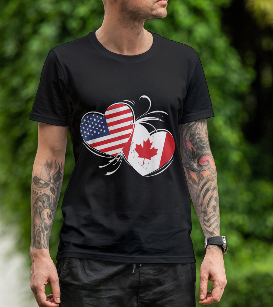 Canada USA Flag Double Heart Canadian American Unity T-Shirt