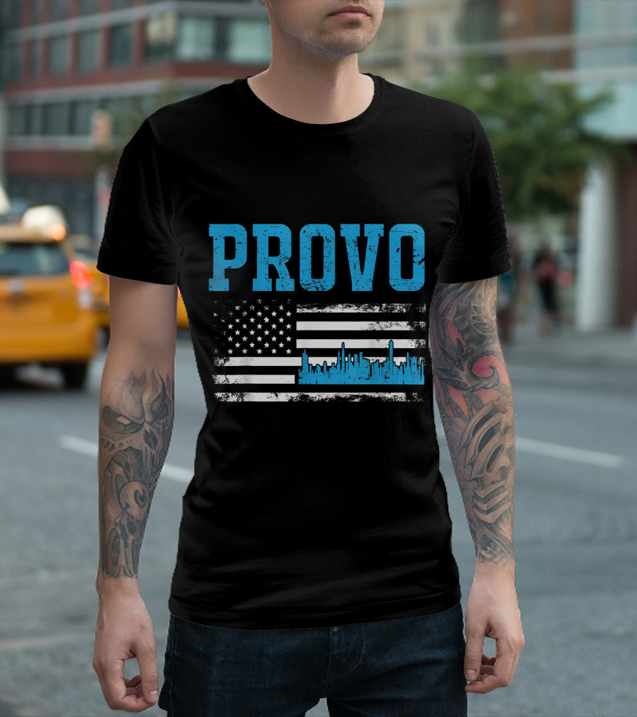 Provo Skyline Utah State American Flag With Blue City T-Shirt