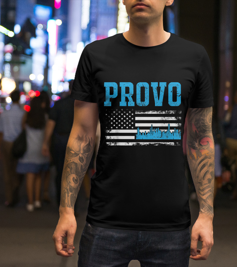 Provo Skyline Utah State American Flag With Blue City T-Shirt