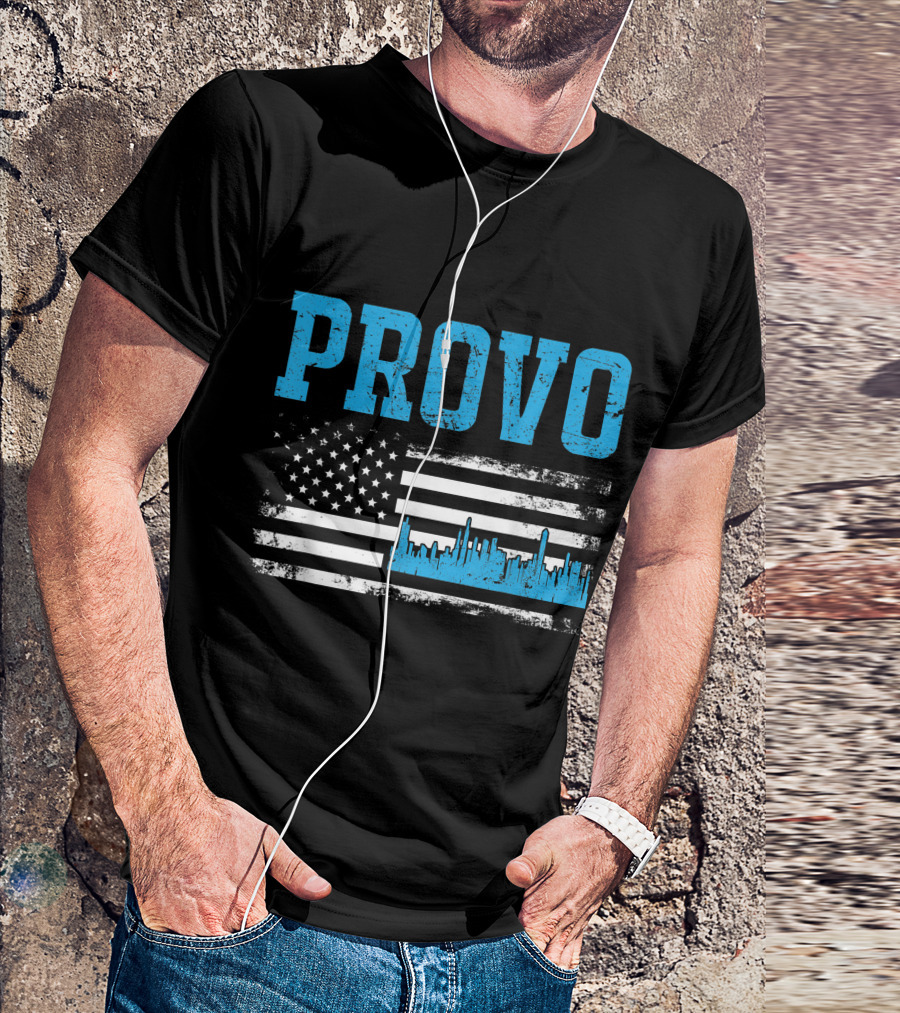 Provo Skyline Utah State American Flag With Blue City T-Shirt