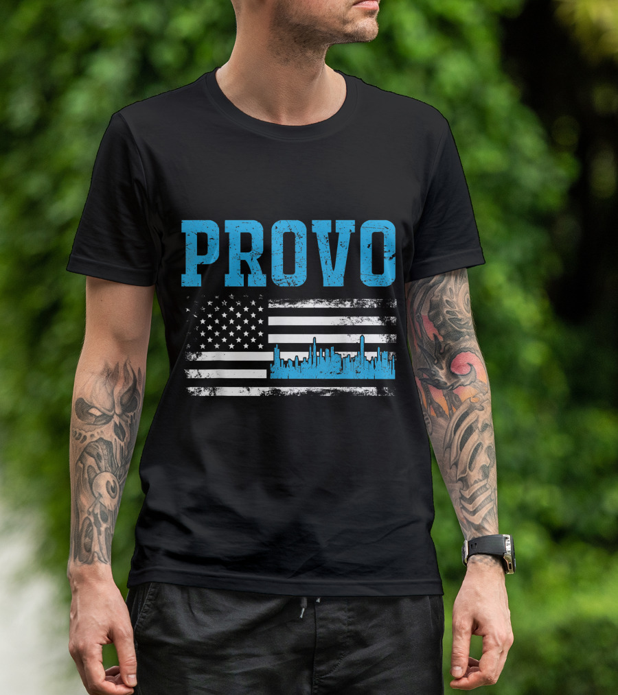 Provo Skyline Utah State American Flag With Blue City T-Shirt