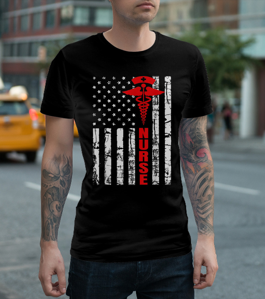 American Flag Nurse Caduceus Symbol Patriotic USA T-Shirt