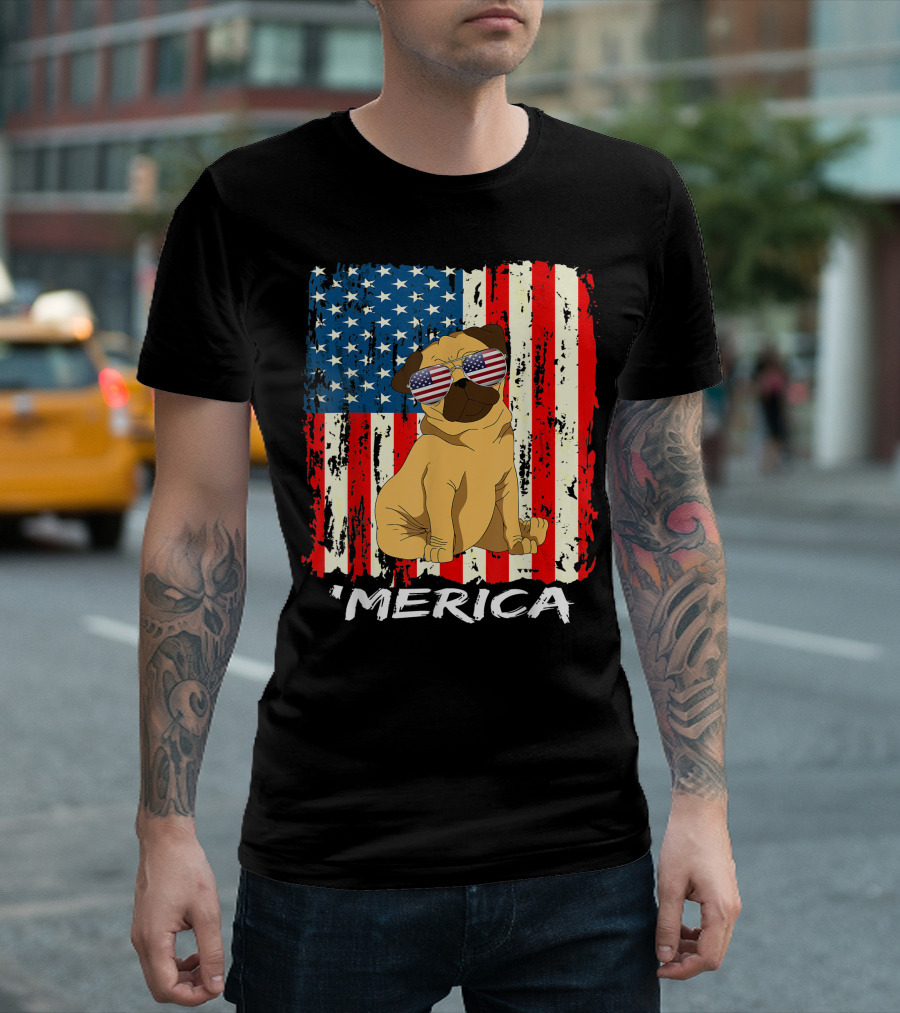 USA Stars and Stripes Pug 'Merica American Flag 4th of July T-Shirt