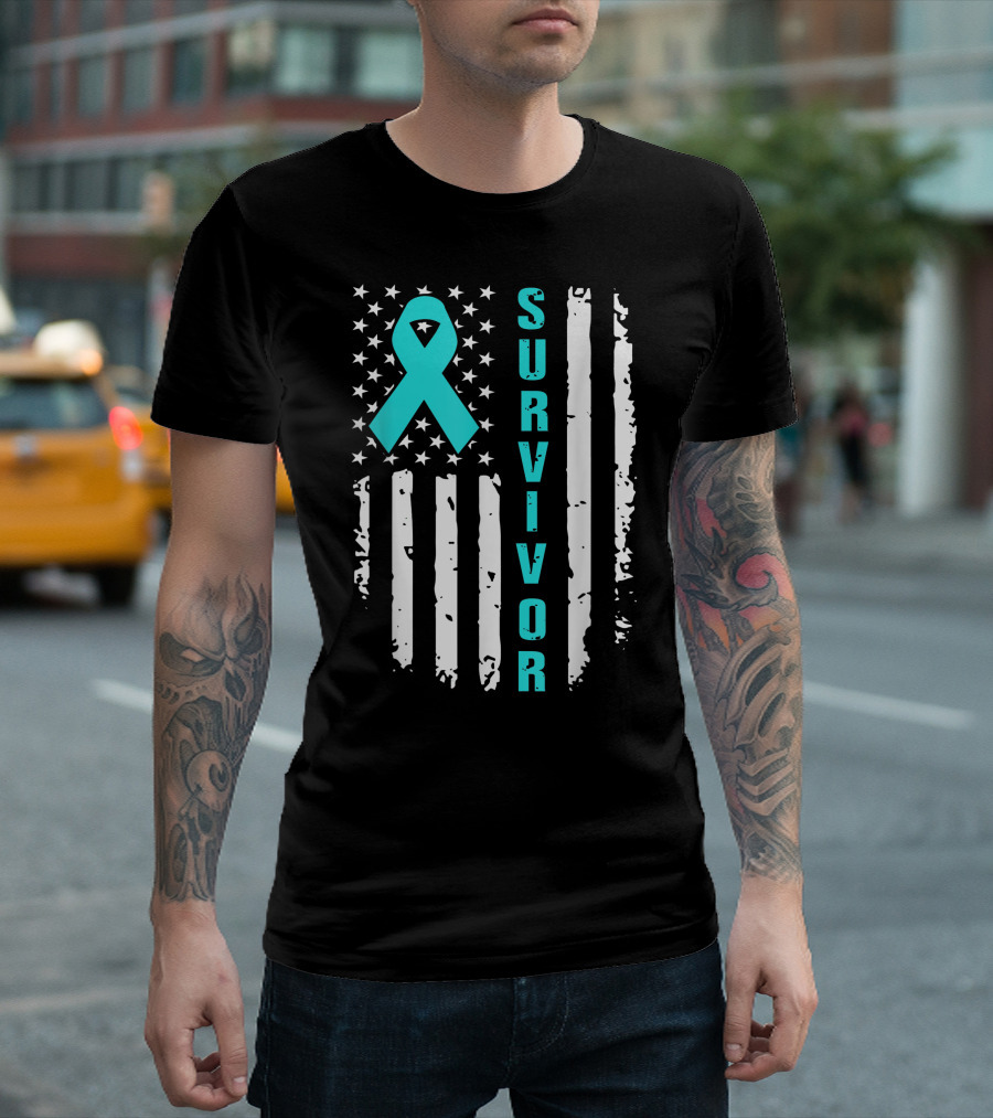 Ovarian Cancer Awareness Teal Ribbon American Flag Survivor T-Shirt