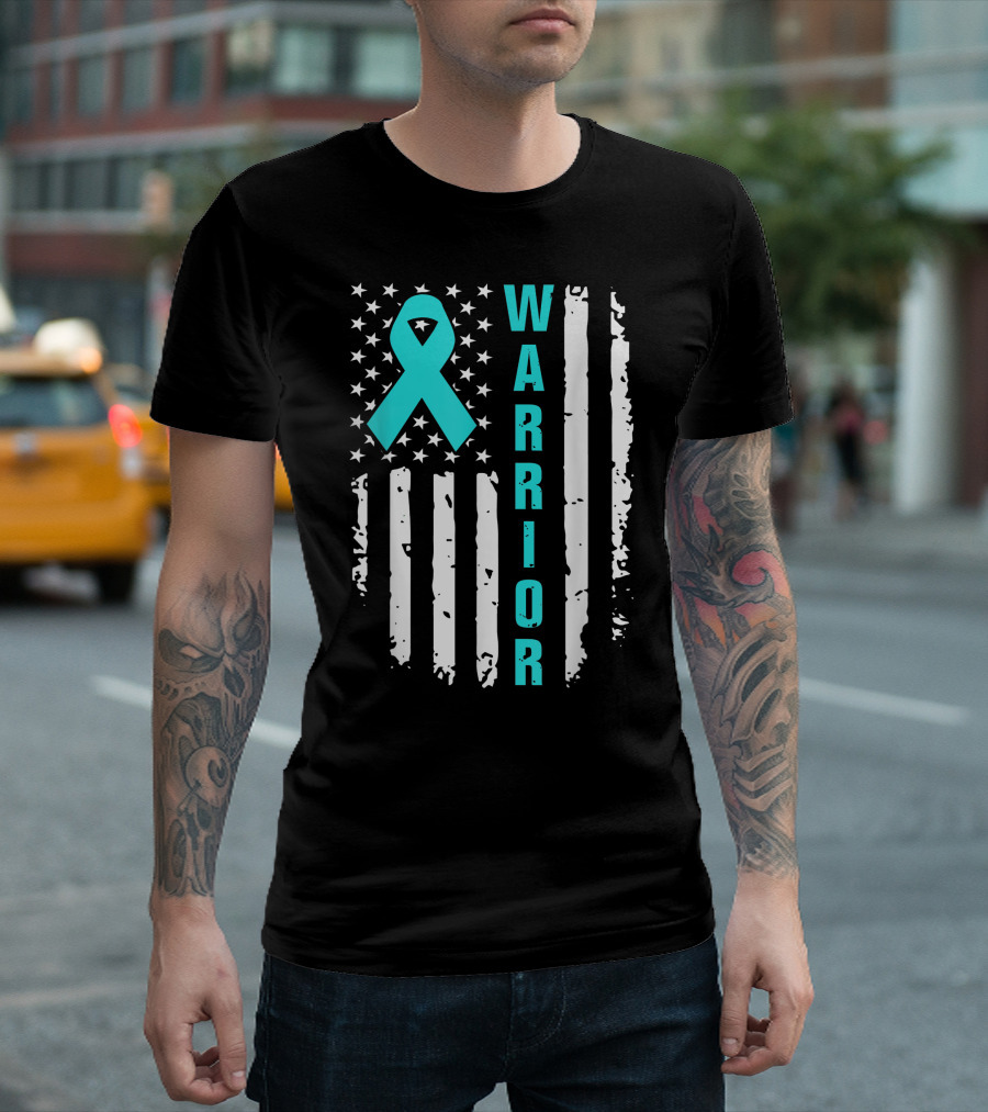 Warrior Ribbon American Flag Ovarian Cancer Awareness T-Shirt