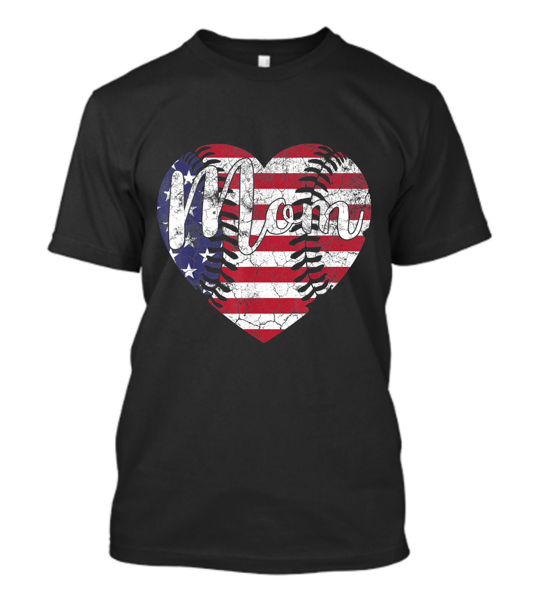 Mom Heart With American Flag And Baseball Stitching T-Shirt