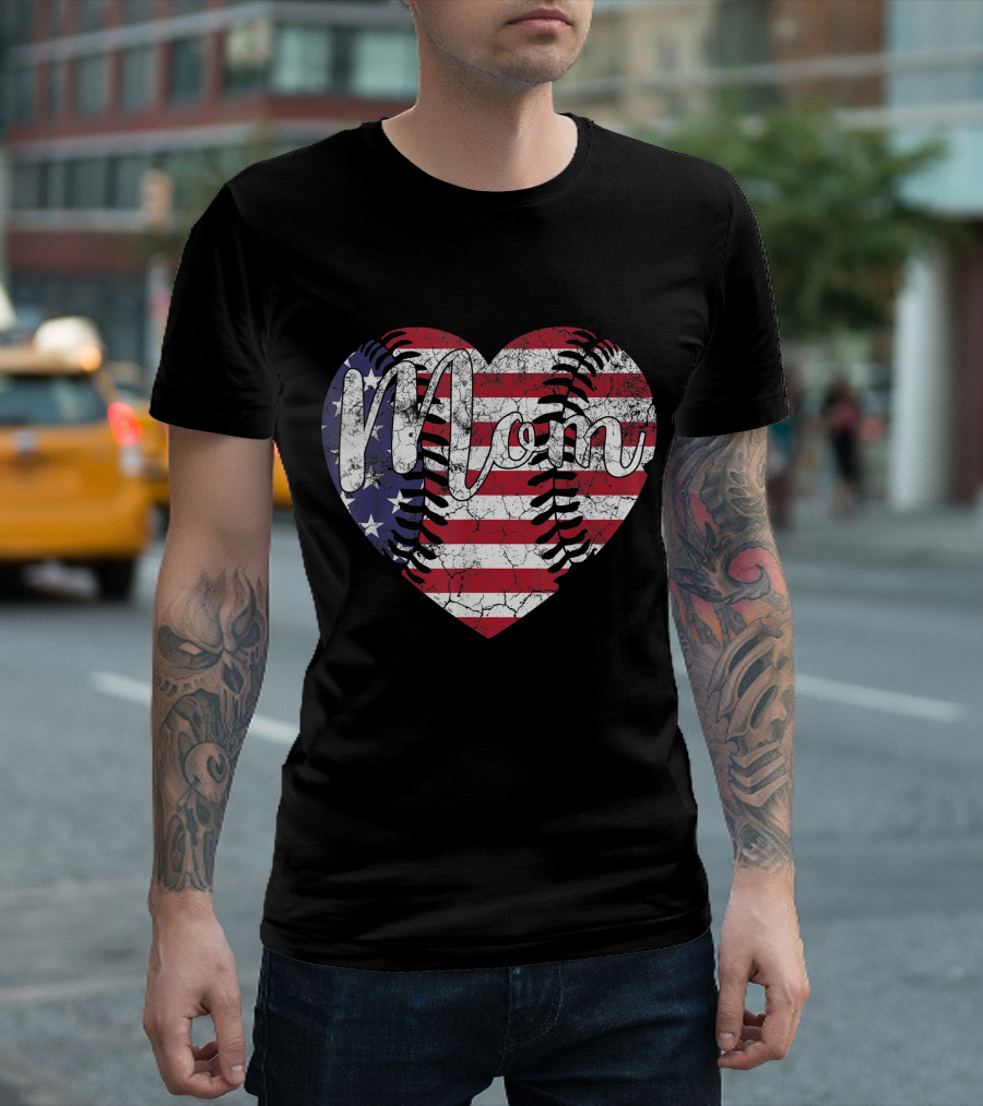 Mom Heart With American Flag And Baseball Stitching T-Shirt