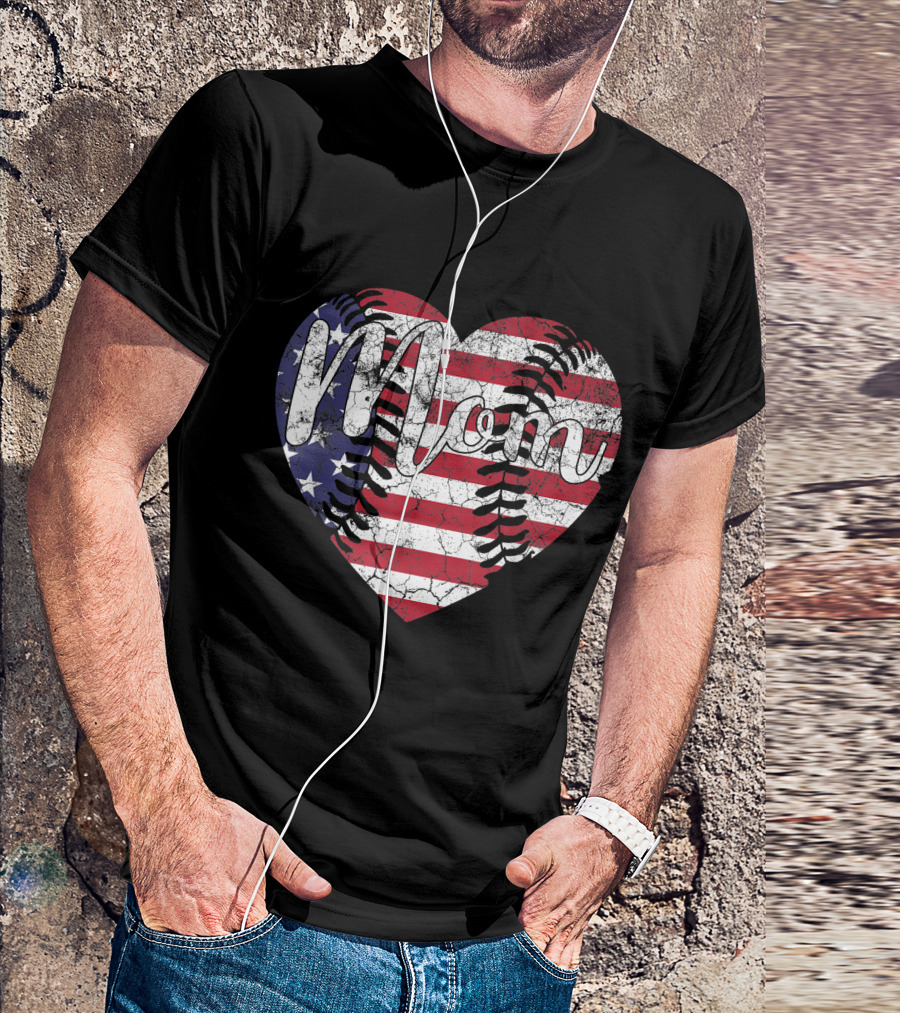 Mom Heart With American Flag And Baseball Stitching T-Shirt