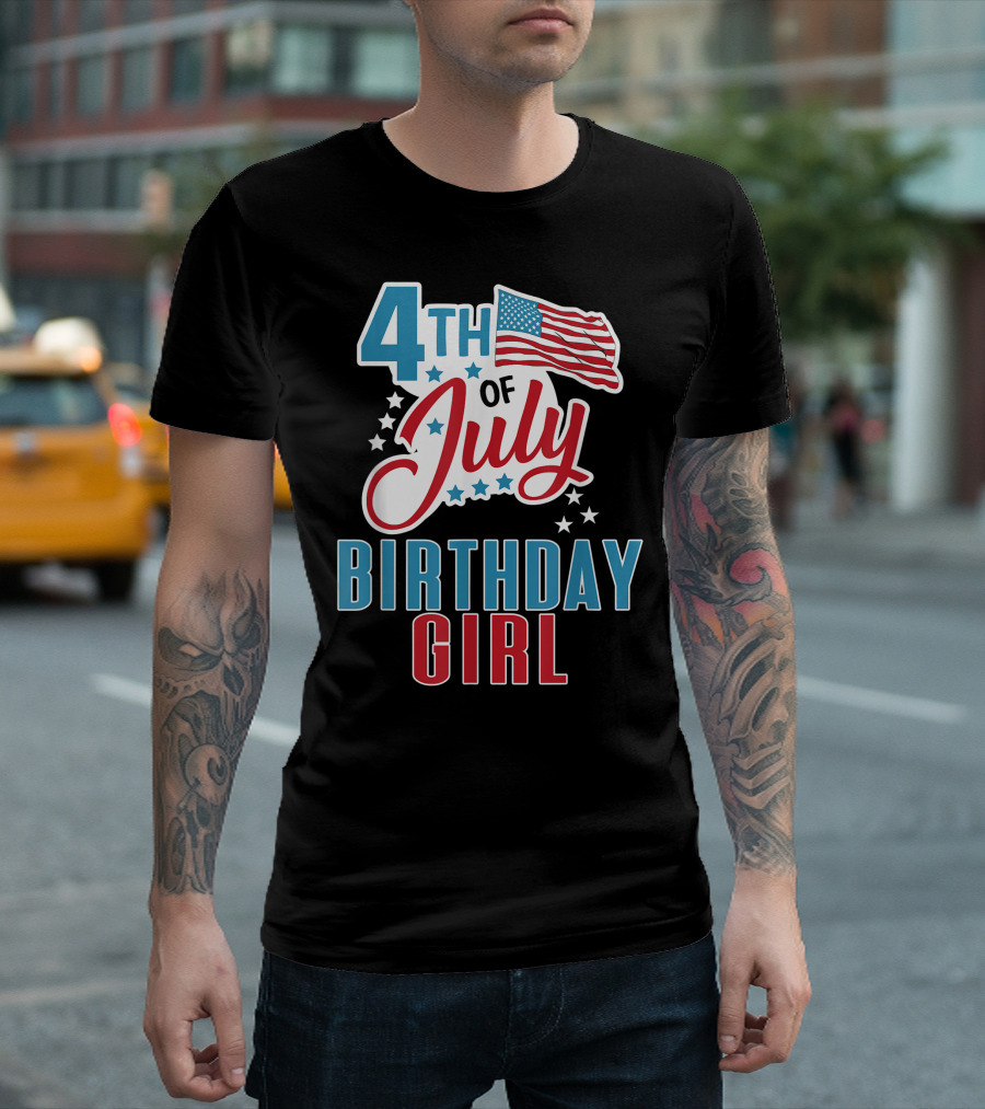 4Th Of July Birthday Girl with American Flag and Stars T-Shirt