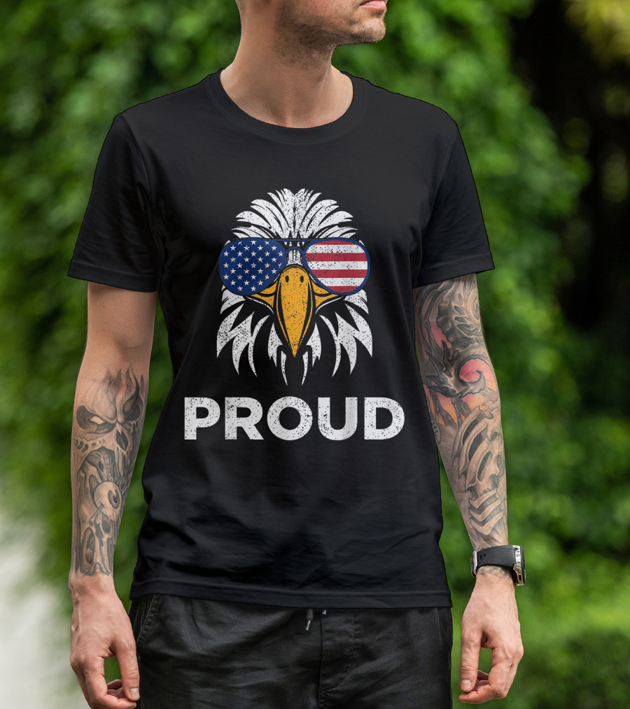 Proud 4th Of July Patriotic Eagle With American Flag Glasses USA T-Shirt