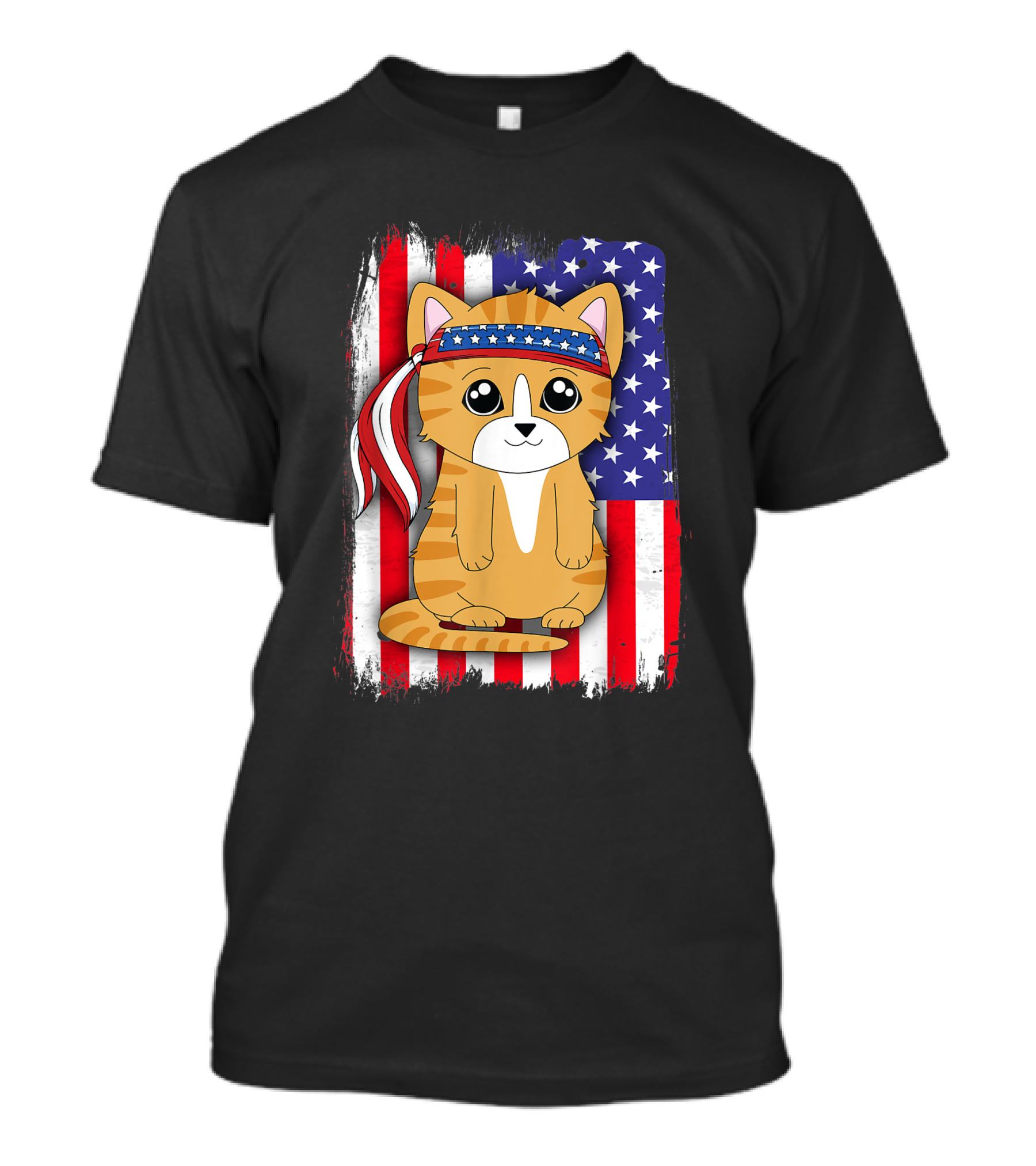 American Flag Cat 4th Of July Kids Women Boy Kitten USA Stars Stripes Bandana T-Shirt