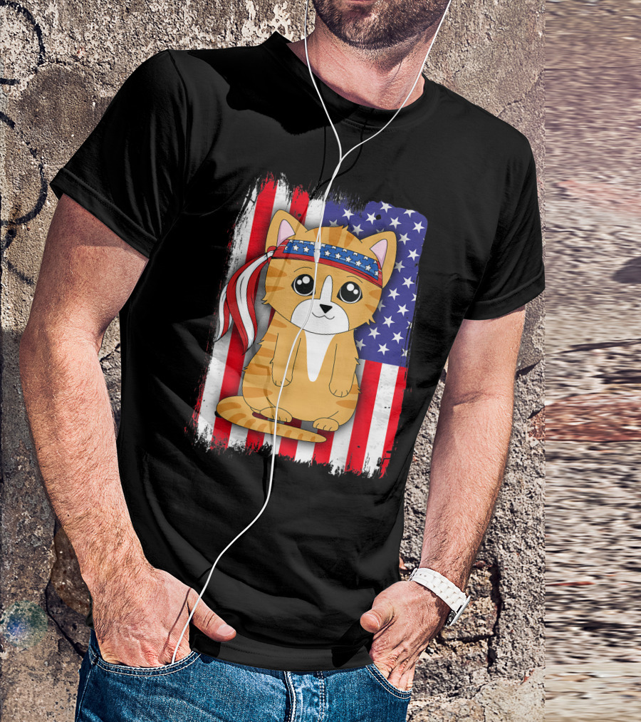 American Flag Cat 4th Of July Kids Women Boy Kitten USA Stars Stripes Bandana T-Shirt