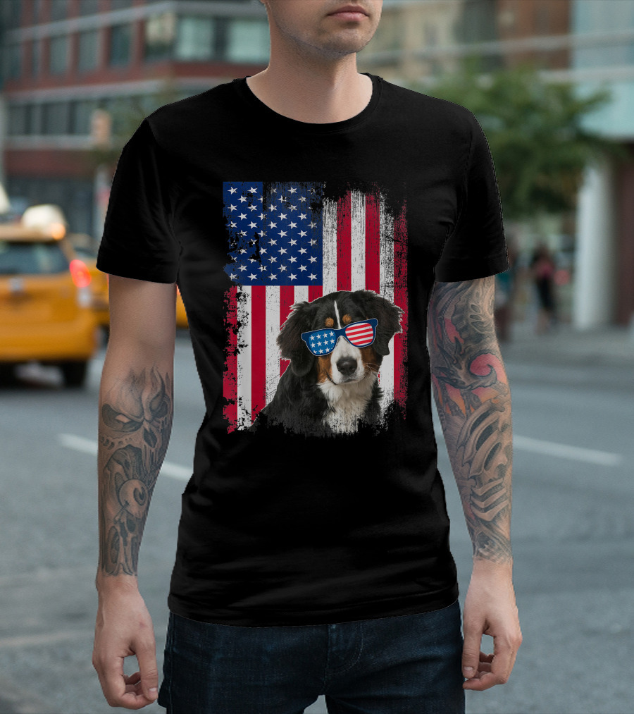 Vintage Bernese Mountain Dog Wearing American Flag Sunglasses with Flag Background T-Shirt
