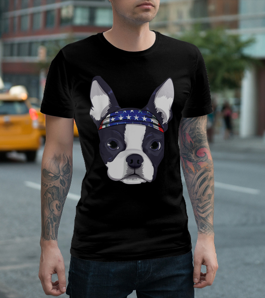 Boston Terrier With American Flag Bandana For 4th Of July T-Shirt