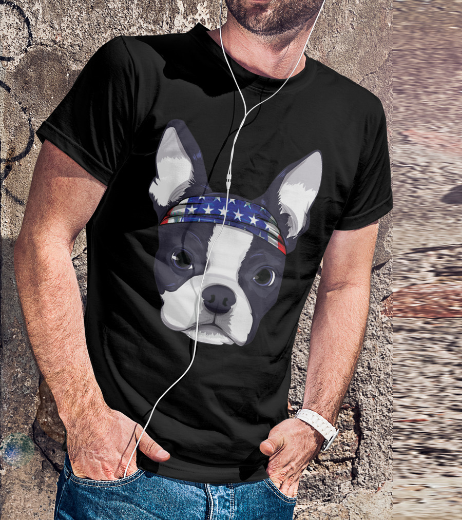 Boston Terrier With American Flag Bandana For 4th Of July T-Shirt