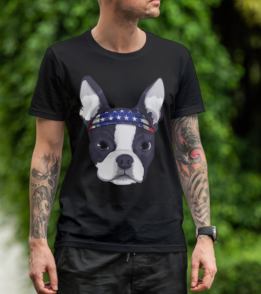 Boston Terrier With American Flag Bandana For 4th Of July T-Shirt
