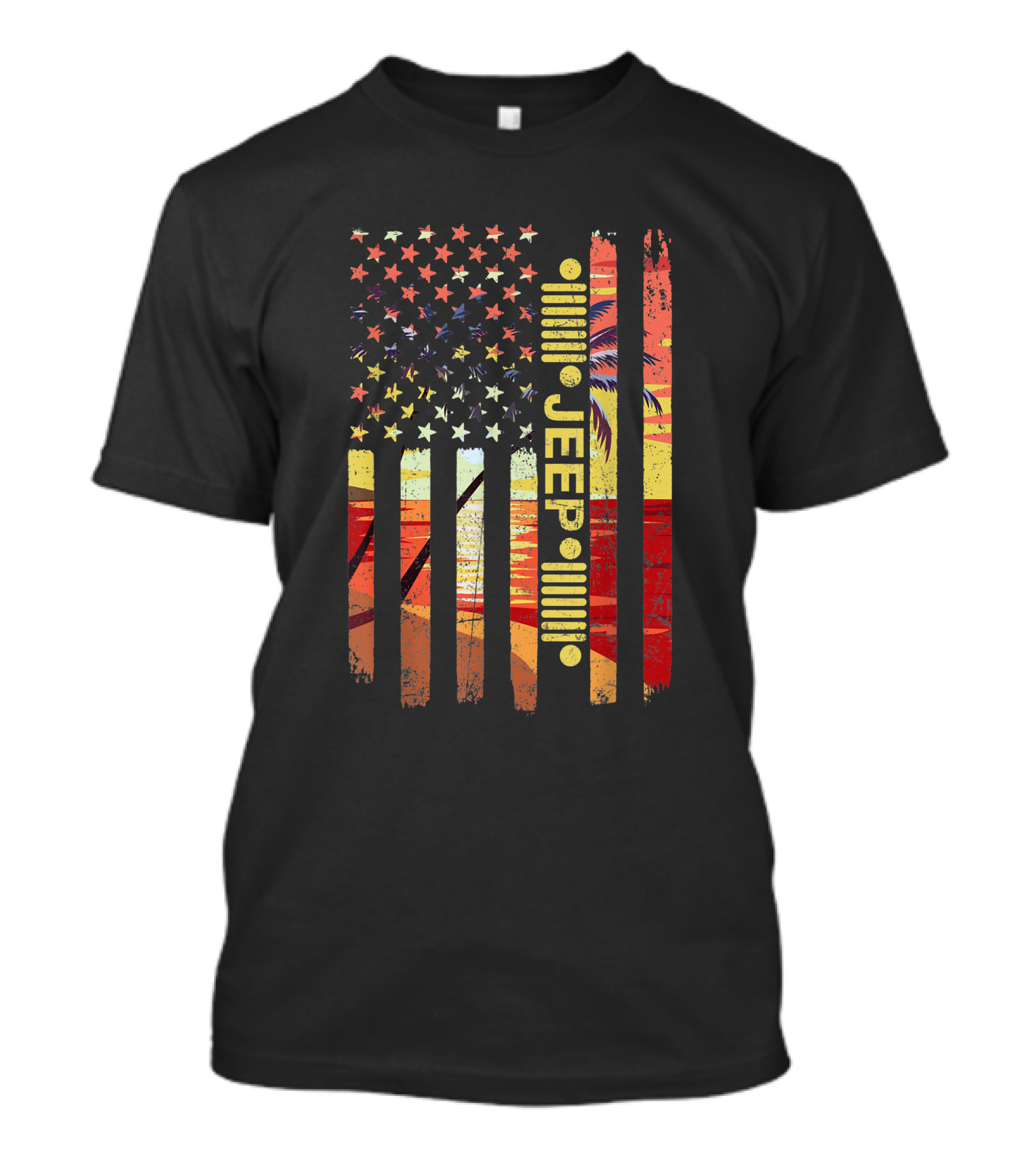 Jeep American Flag Palm Tree Sunset Beach Adventure T-Shirt