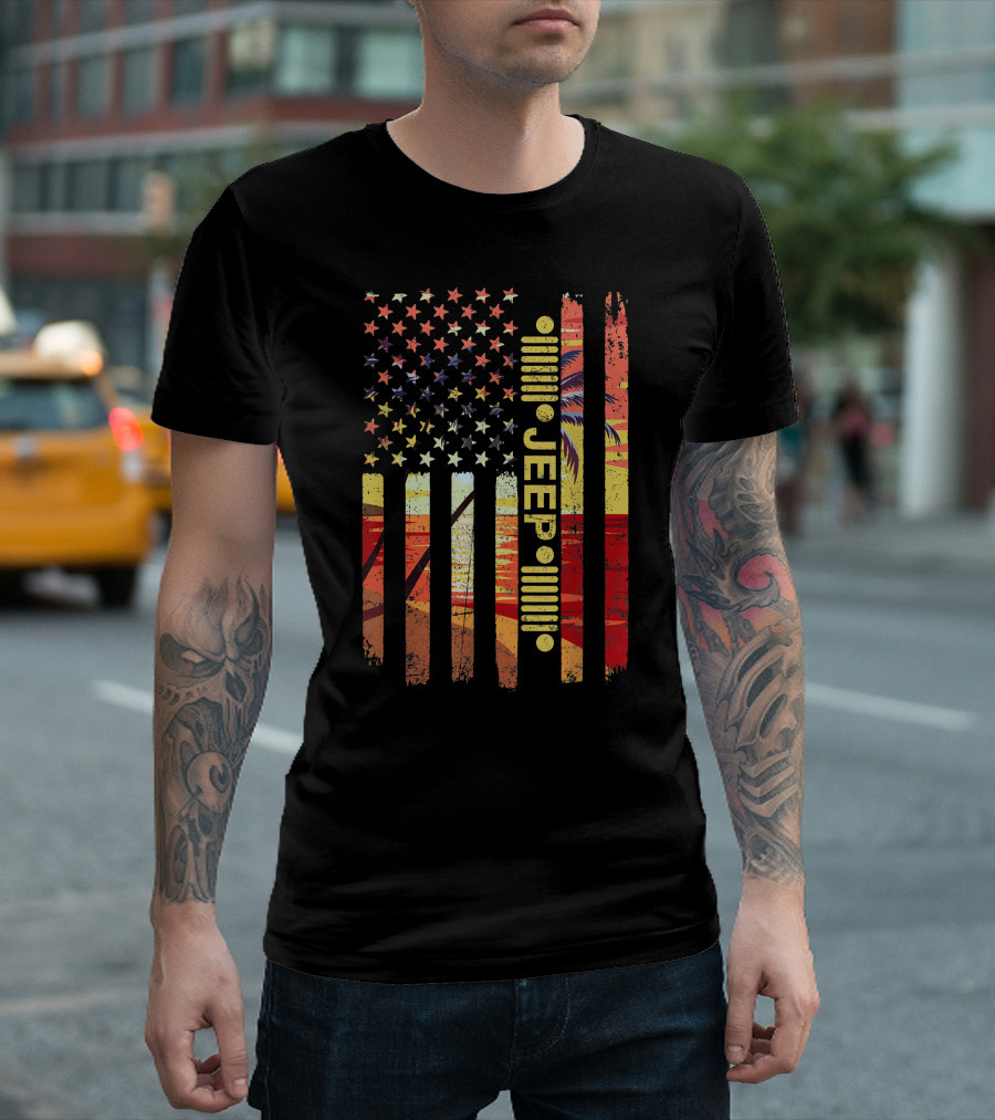 Jeep American Flag Palm Tree Sunset Beach Adventure T-Shirt