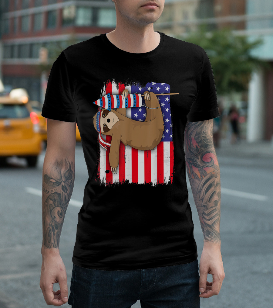 American Flag Sloth 4th Of July Kids Women Lazy USA Independence Day Rocket T-Shirt