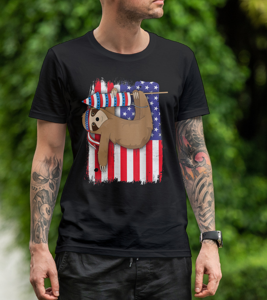 American Flag Sloth 4th Of July Kids Women Lazy USA Independence Day Rocket T-Shirt