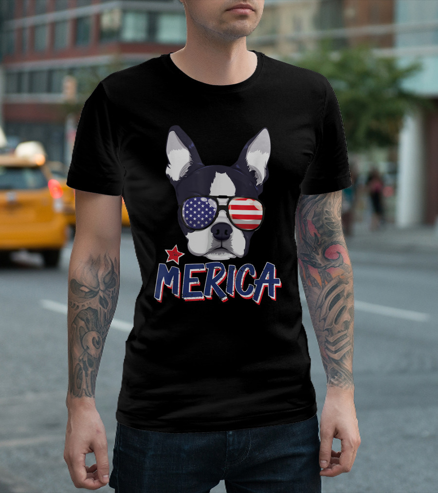 Boston Terrier Merica USA 4th of July American Flag Sunglasses T-Shirt