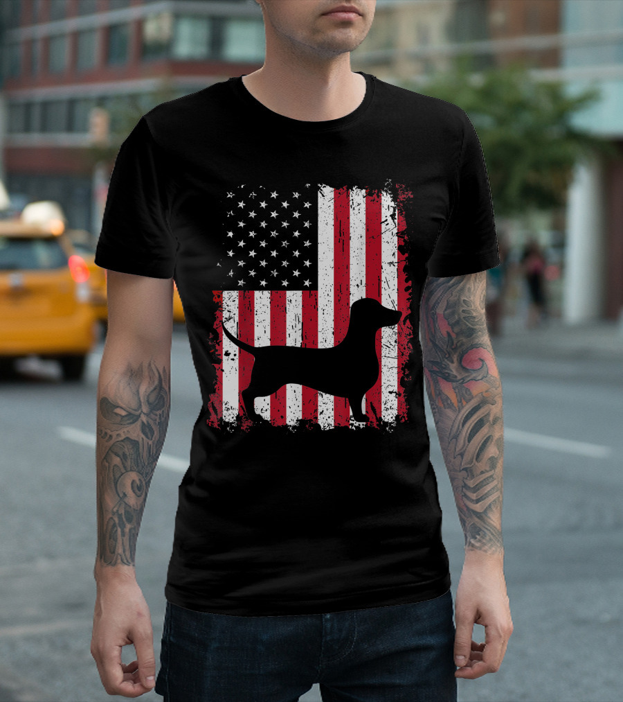 Patriotic 4th of July Dachshund Silhouette with American USA Flag Background T-Shirt
