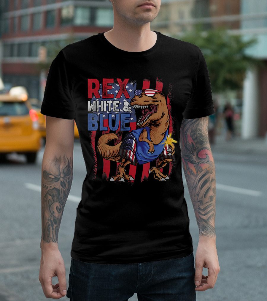 Rex White And Blue American Flag T-Rex Kids Patriotic 4th Of July T-Shirt