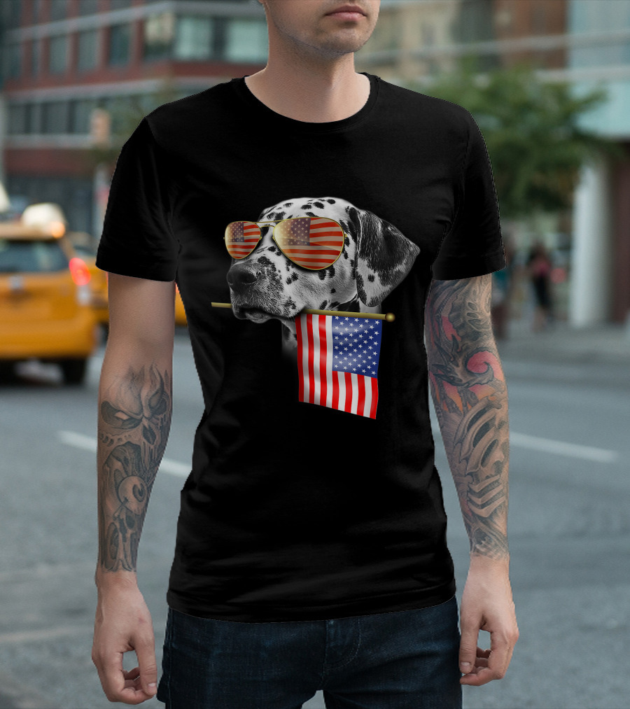 Dalmatian with American Flag Sunglasses and Flag in Mouth for 4th of July Fun T-Shirt