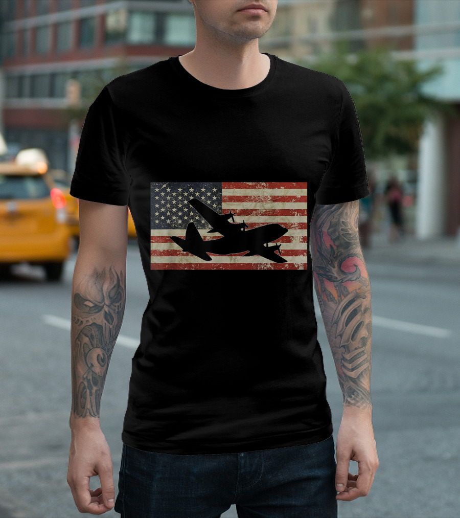 Vintage American Flag C 130 Military Plane Pilot USA Iconic T-Shirt