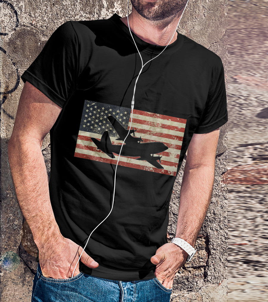 Vintage American Flag C 130 Military Plane Pilot USA Iconic T-Shirt